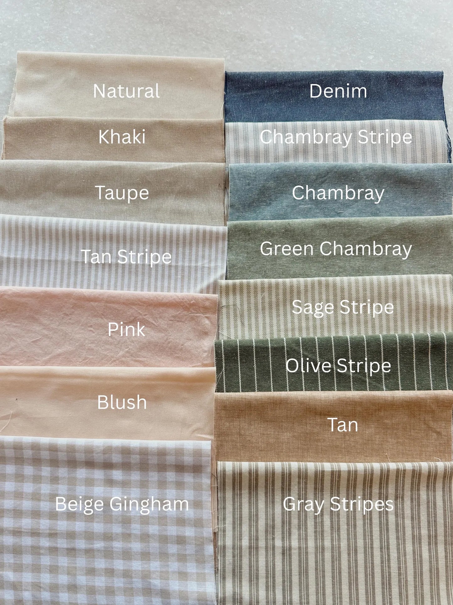 Collection of fabric swatches with labeled colors on a neutral background