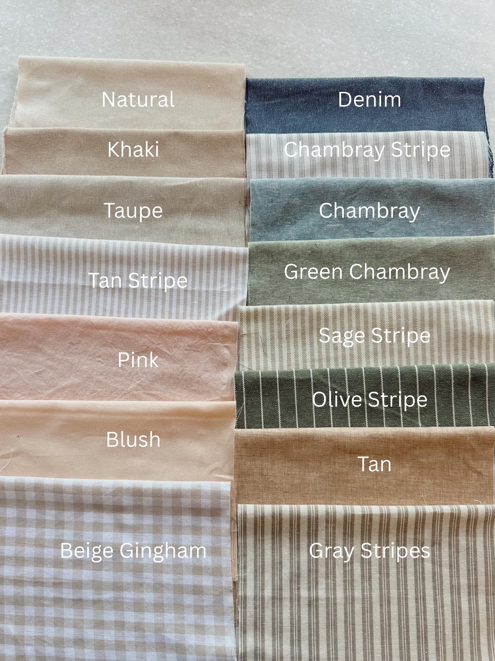 Collection of fabric swatches with labeled colors on a neutral background
