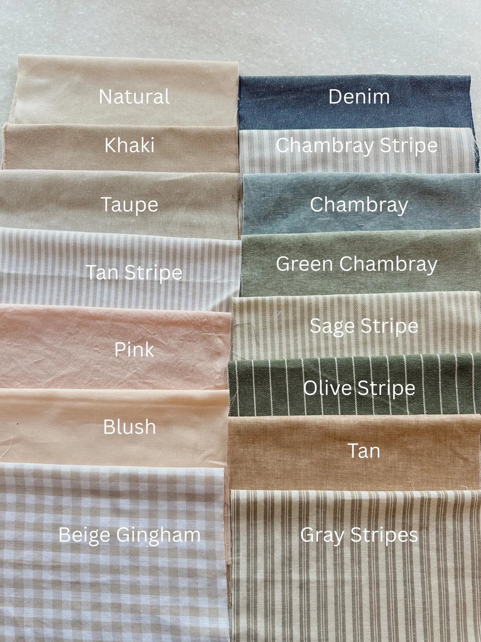 Collection of fabric swatches with labeled colors on a neutral background