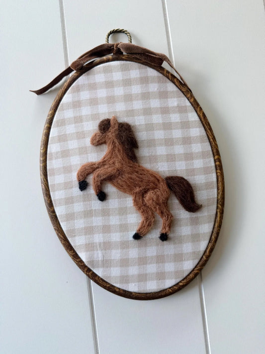 Horse Felt wall art for nursery on beige gingham background